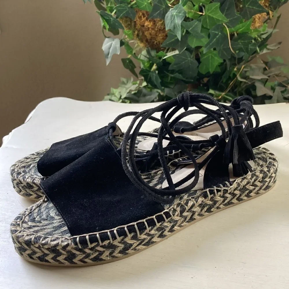 Revole Raye Espadrilles Black Leather Suede Lace up Tassel Detail Size 8.5